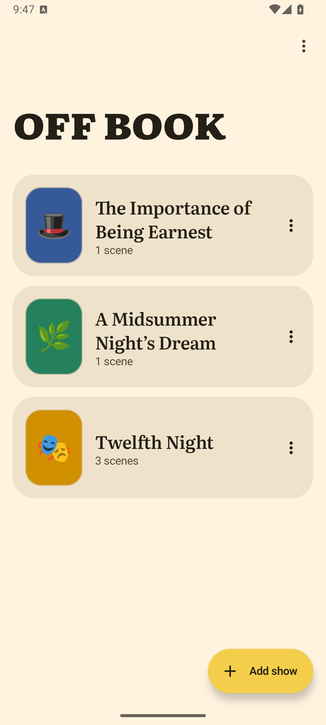 App library with The Importance of Being Earnest, A Midsummer Night’s Dream and Twelfth Night, and an Add show button.