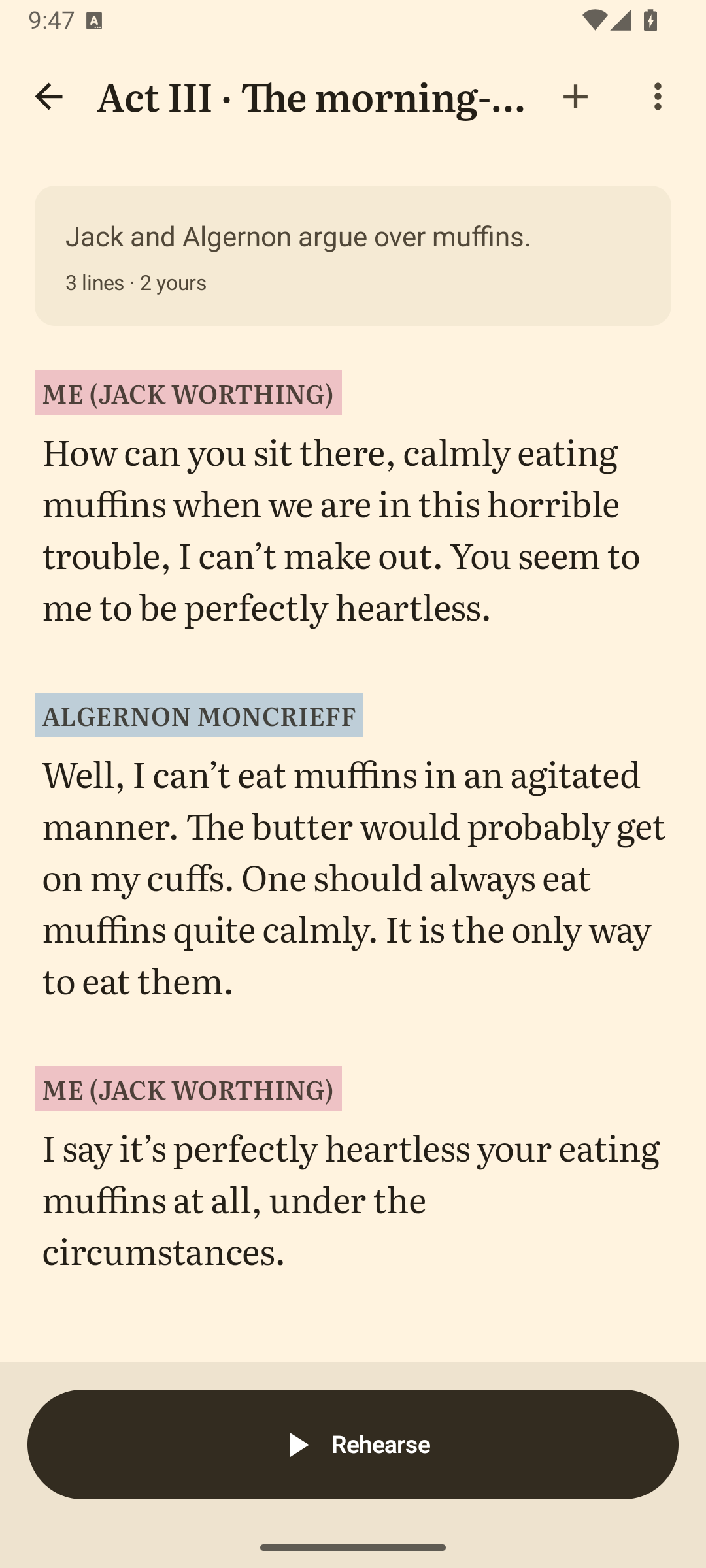 The Importance of Being Earnest script screen with Jack and Algernon’s muffin exchange, rose and blue speaker highlights, and a Rehearse button.